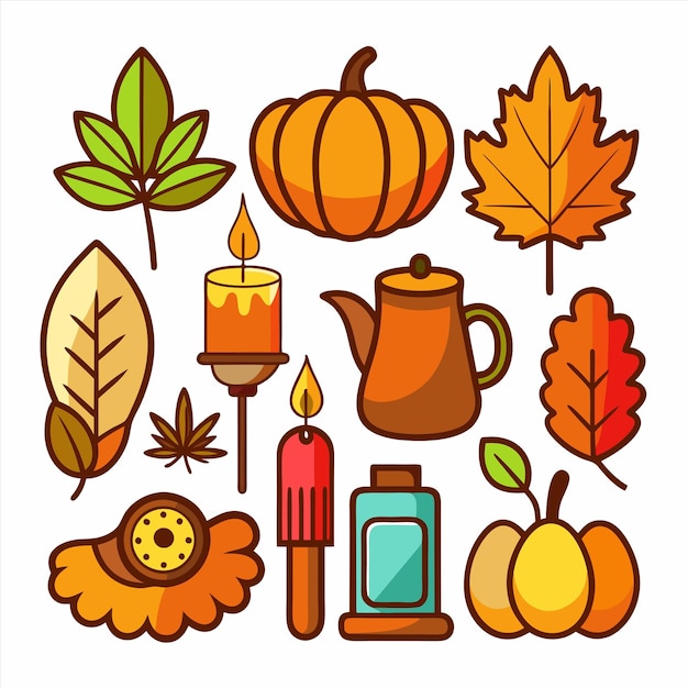Vector a collection of thanksgiving icons including pumpkins leaves and a candle