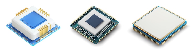 Vector a collection of three cpu microprocessor chips each with distinct designs and color schemes set of three microprocessor chips with different designs vector illustration