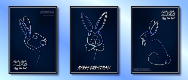 2023 年の新年のシンボルとして線形のウサギと 3 つのグリーティング カードのコレクションです。