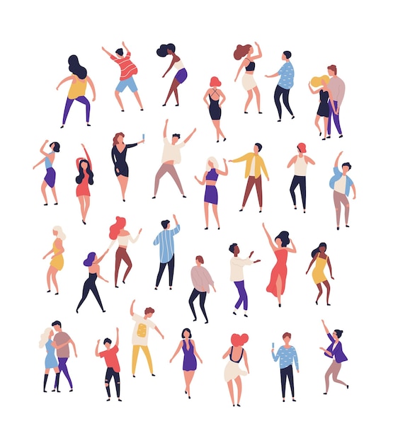 Collection of tiny people dancing on dance floor at night club isolated on white background. Joyful men and women having fun at rave, disco party or music festival. Flat cartoon vector illustration.