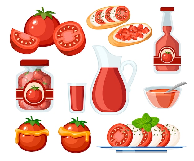 Vettore raccolta di prodotti a base di pomodoro e piatti di pomodori freschi e cotti illustrazione piatta