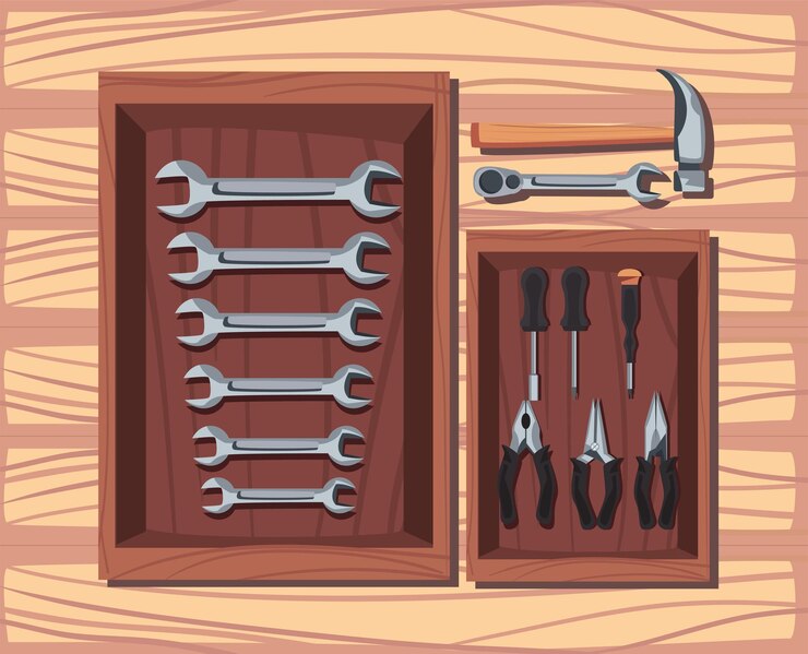 Vector collection of tools construction over wooden table