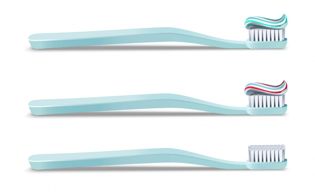  collection of tooth brushes with or without tooth paste applied on top of it in different colors, nylon bristles and plastic handles.