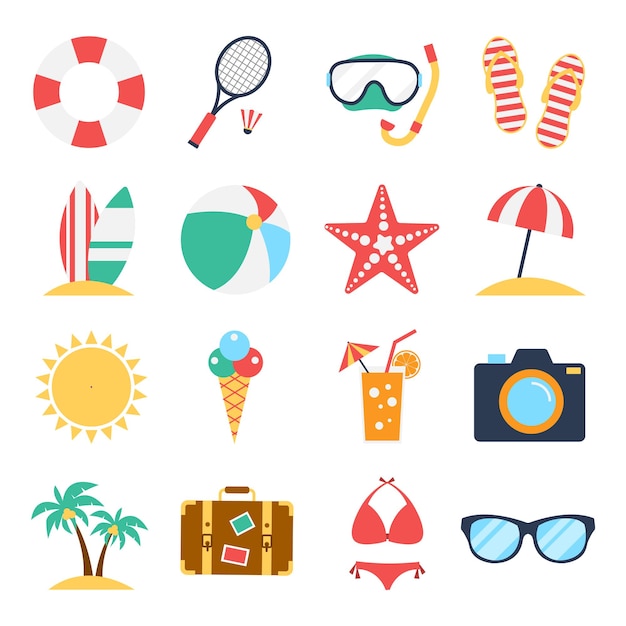 Collection of tourism symbol and summer vacation beach travel Icon set on white background