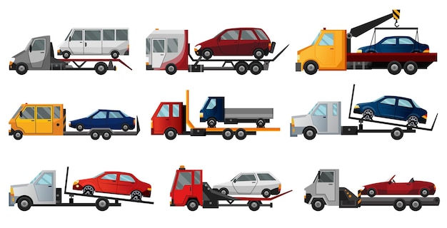 Collection of tow trucks flat faulty car loaded on a tow truck vehicle repair service which provides assistance damaged or salvaged cars