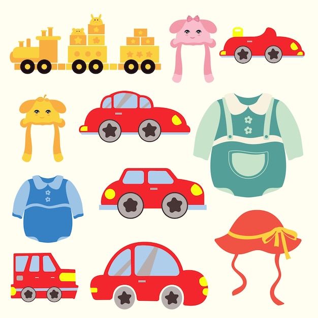 A collection of toys including a car, a toy car, a toy car, a toy car and a shirt.