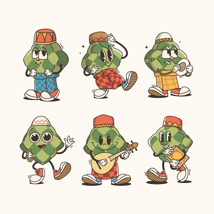 Vector コレクション 伝統的な漫画 ketupat ラマダン イラスト ヴィンテージ タッチで