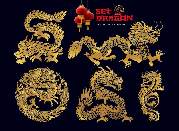 Vector collection of traditional chinese dragon big set of black asian dragons happy chinese new year 2024 year of the gold dragon zodiac sign with asian elements golden paper cut style vector