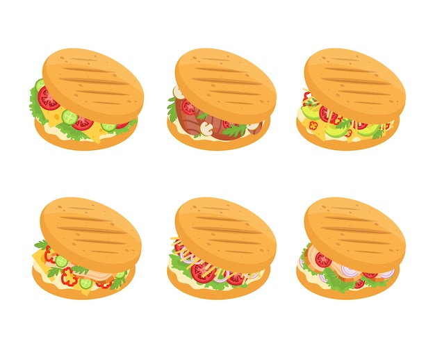 A collection of traditional Colombian arepas with different fillings cut Vector illustration