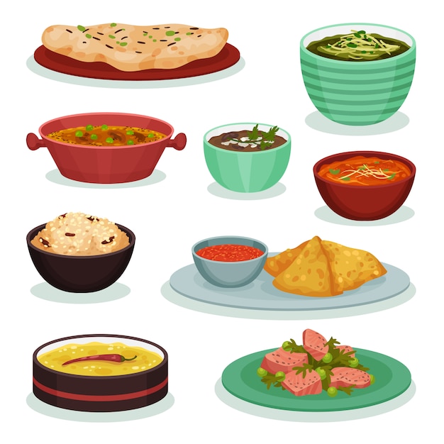 Collection of traditional Indian food, chapati, roti, dahi maach, samosa, palak paneer  Illustration on a white background