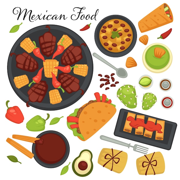 Collection of traditional mexican cuisine recipes and meals desserts and appetizers taco with spicy ingredients vegetables and meat on plate