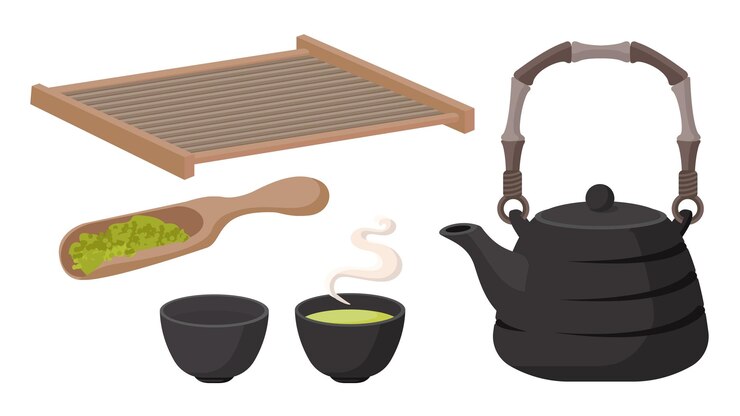 Vector 伝統的なお茶セットのコレクション ティーポット カップ 竹皿 茶杓