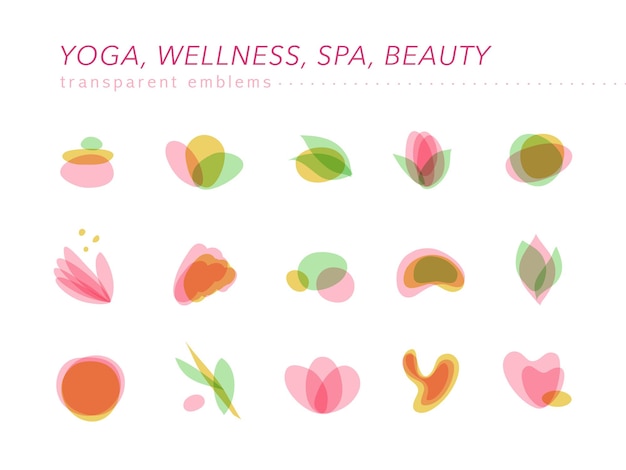 Collection of transparent beauty, spa, and yoga symbols in light colors isolated.