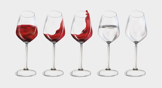 Collezione di spruzzi di vino trasparenti e acqua in vetro. vino rosso in vetro. illustrazione