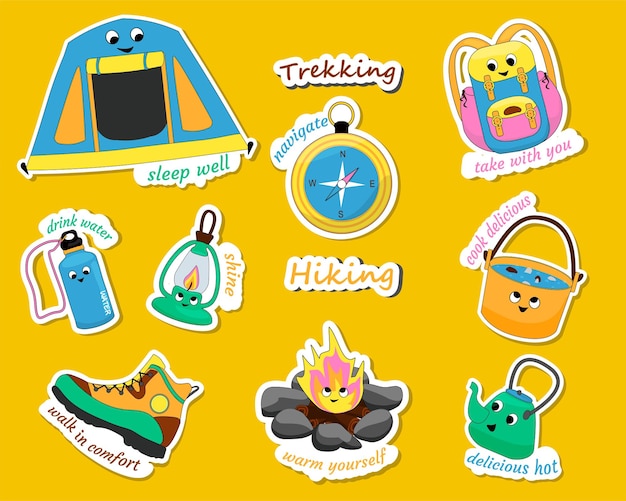 Collection of travel stickers from hiking shoes to accessories with phrases