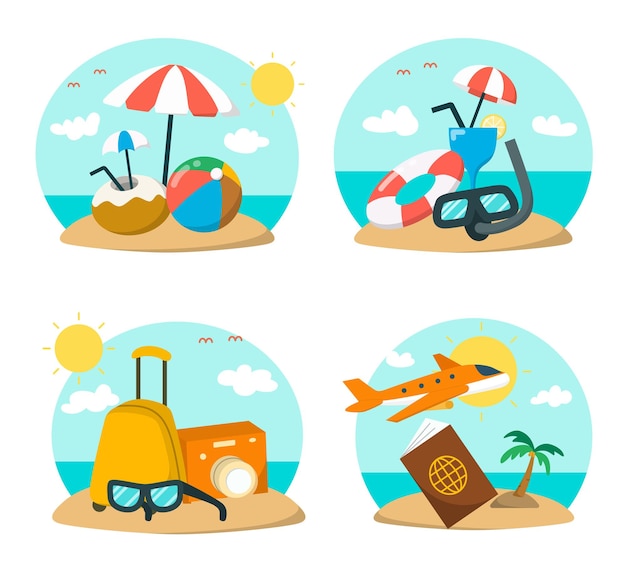 Vettore raccolta di viaggi e vacanze estive al mare o relax in stile cartone animato a forma di cerchio, illustrazione vettoriale piatta