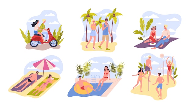 Vettore raccolta di carta di viaggio e vacanza. le persone si rilassano sulla spiaggia. set di attività estive. sport da spiaggia, nuoto, bagni di sole. illustrazione