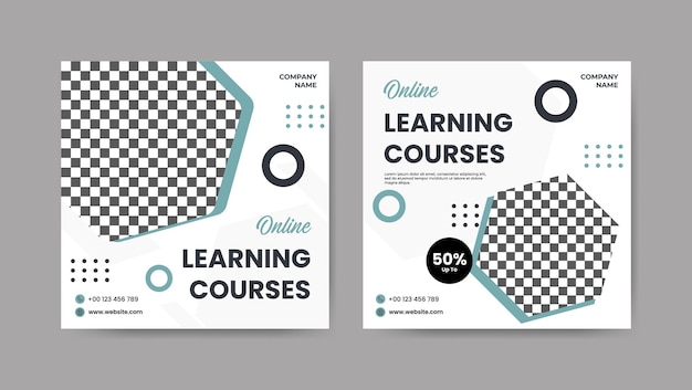 Vector collection of trendy geometric digital study online learning courses social media post templates square banner design background