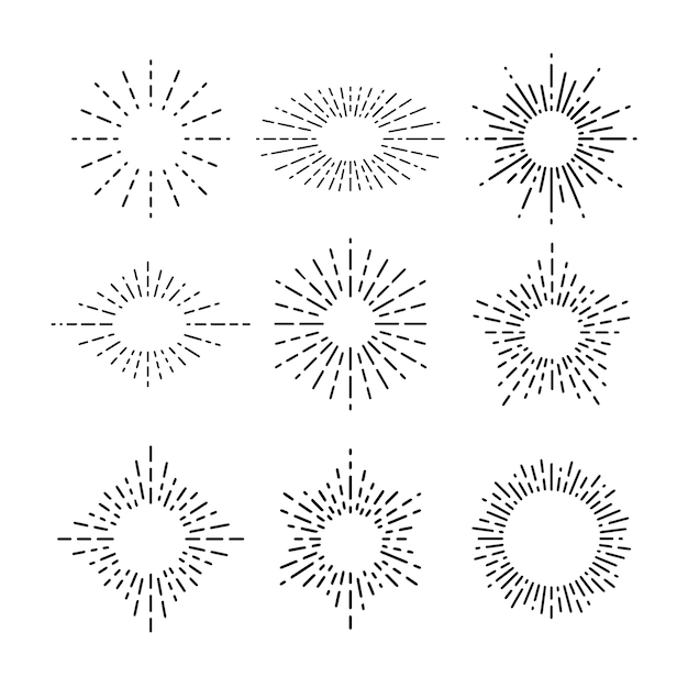 Vector collection of trendy hand drawn retro sunburst or bursting rays design elements