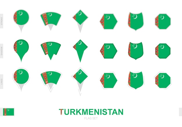 トルクメニスタン国旗のコレクション 異なる形状と3つの異なる効果