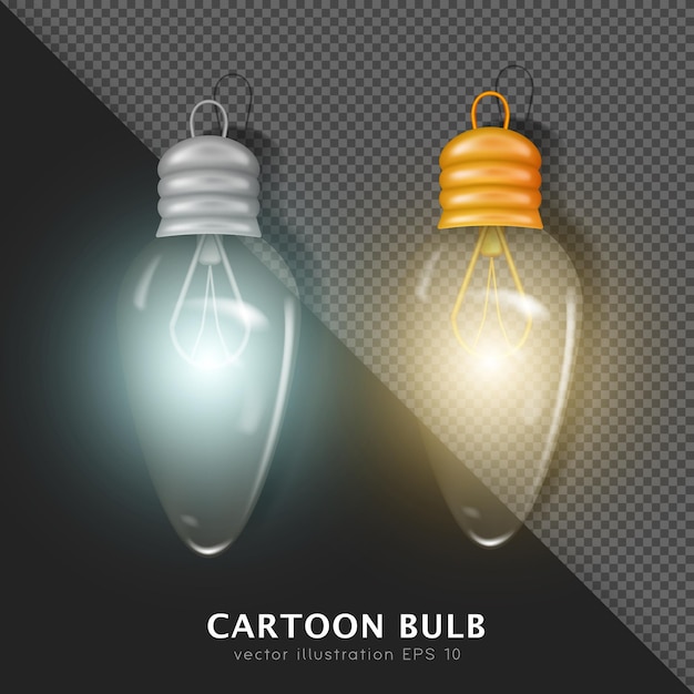 Collection of two 3d glowing garland lights. Vector cartoon transparent switched on lightbulbs.