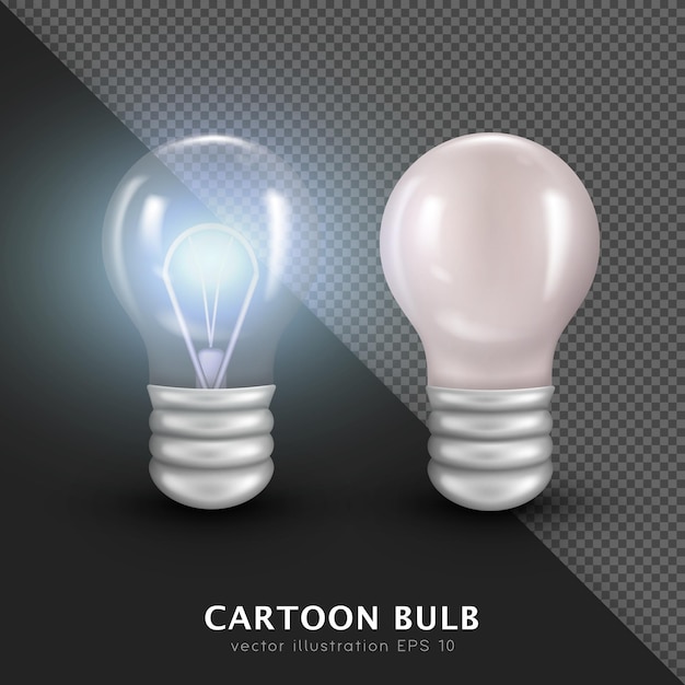 Collection of two 3d incandescent bulbs. vector cartoon white and transparent glowing light bulbs