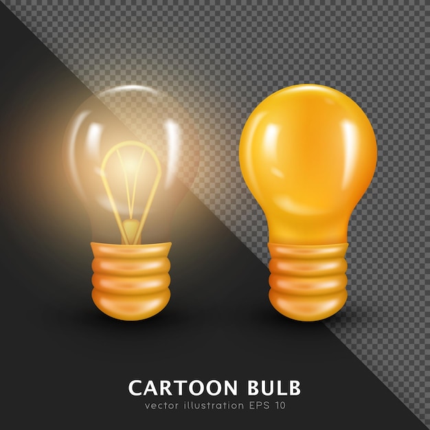 Collection of two 3d incandescent bulbs. Vector cartoon yellow and transparent glowing lightbulbs