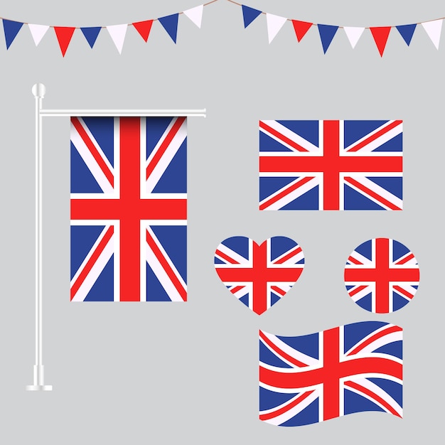 Collection of uk flag emblems and icons in different shapes