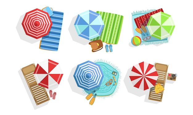 Vector collection of umbrellas chaise lounges and towels summer beach view from above vector illustration