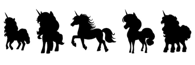 Collezione di silhouette di unicorni impostare sagome di unicorno isolati su sfondo bianco vettore