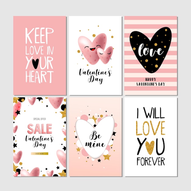 Collection of Valentine s day card, sale banner with lettering. Vector illustration EPS10.