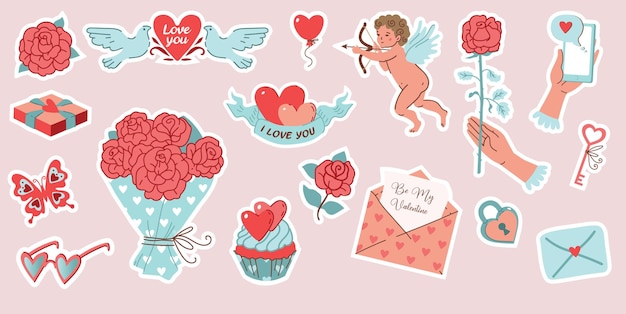 Una collezione di adesivi di san valentino con cupcakes, cupcakes e una lettera d'amore.