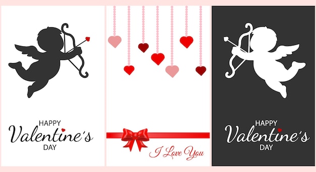 コレクション バレンタインデーのグリーティング カード、キューピッドのシルエット、弓とハートの招待状。