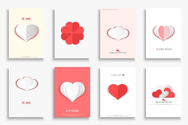 バレンタインデーのポスター、パンフレット、招待状、バナーのコレクションは、折り紙の心でチラシをカバーします。2 月 14 日の創造的なロマンチックなかわいいデザイン美しい紙のグリーティング カード