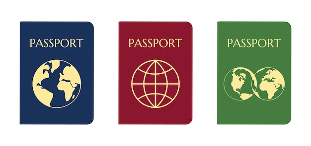 Collection Of Varicoloured Passports With Globes Green Blue Red Flat Style Vector Illustration