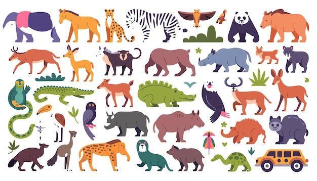 フラットスタイルの様々な動物のコレクション