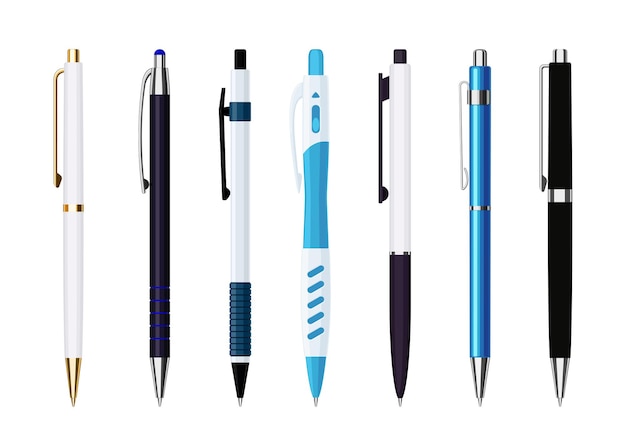 Vector collection of various automatic spring ballpoint pens. school or office tools collection. flat vector illustration isolated on white background