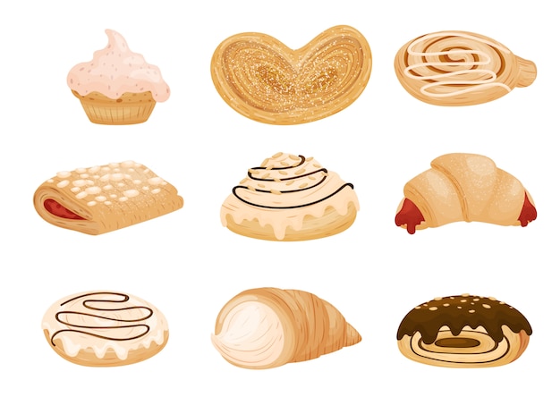 Collection of various buns and cookies.  illustration on white background.