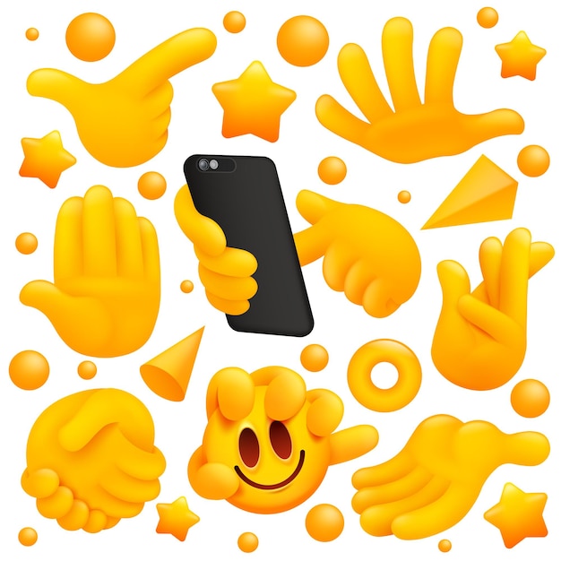 Vettore raccolta di vari simboli emoji mano gialla con smartphone, segno di stretta di mano e altri gesti. stile cartone animato 3d.