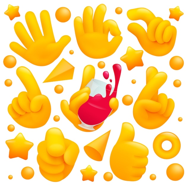 Collection of various emoji yellow hand symbols with wineglass, thubs up sign and other gestures. 3d cartoon style.    