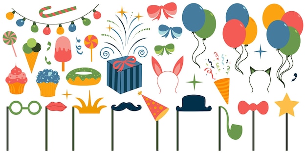 Collection of various festive elements for a birthday party Set of simple and cute items for design