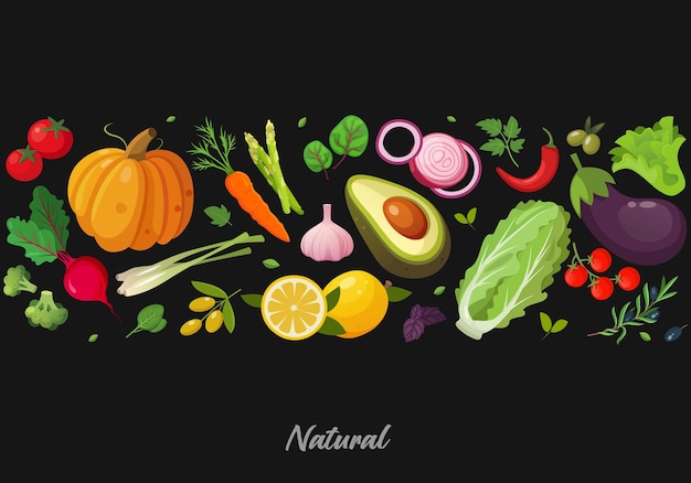 Collection of various fresh vegetables isolated on black background Healthy lifestyle