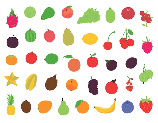 Collection of various hand drawn, flat colored whole fruits and berries, isolated on white