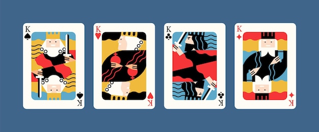 Vector collection of various king playing cards editorial vector flat illustration. colorful gamble symbol graphic design isolated. four of a kind combination, winner poker hand.
