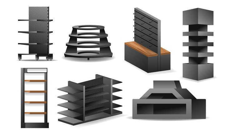 Vector collection of various modern retail display racks and shelves in different designs