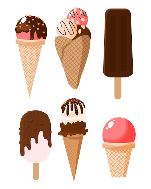 Collection of various multicolored ice cream.Popsicles and cones