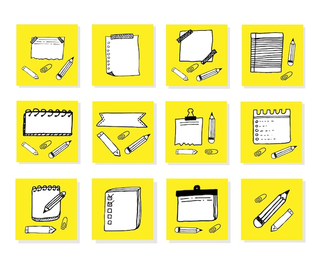 黄色の手描き落書き便箋メッセージ セット ベクトル図の様々 なメモ用紙のコレクション
