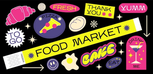 Vector collection of various patches labels tags stickers brands of bracelets for a food market cafe