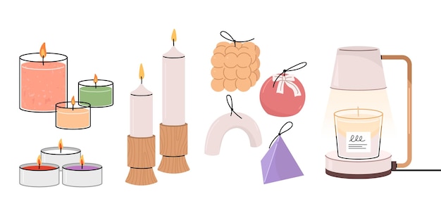 A collection of various scented candles Illustration of scented candles and scented candle warmers