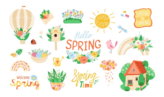 Vector collection various spring elements in flat style. set of flowers, birds, rainbows, quotes for design. concept of spring